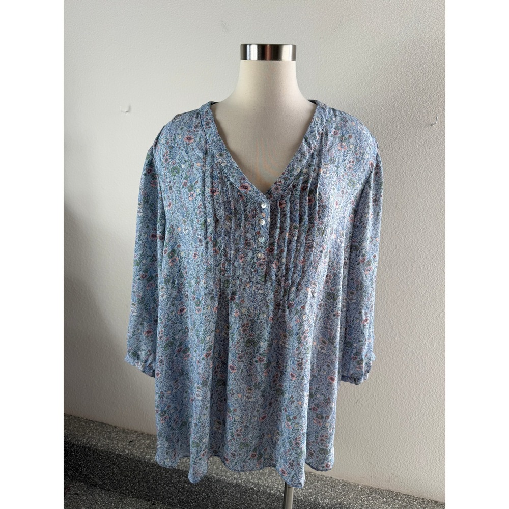 Rose + Olive Women Plus 3X Blue Pink Floral V Neck 3/4 Sleeve Blouse Tunic Top